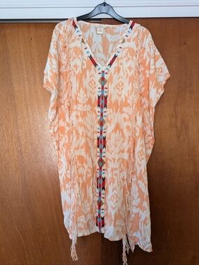 Sundance Peach and White Ikat Kaftan Dress Coverup with Beading Fringe Cotton